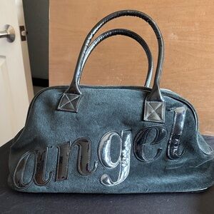 Victoria's Secret Black Suede Travel Tote with Glossy Black Trim Handle